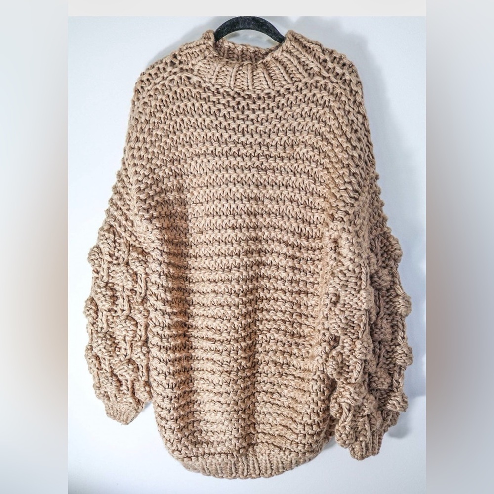 Oversized Cowl Neck Bubble Sleeve Sweater in Taupe